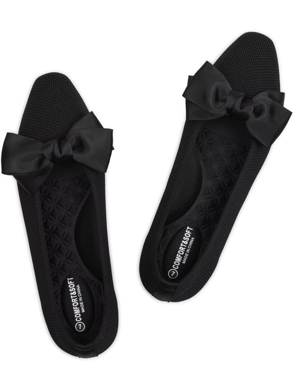 Frank Mully Women's Black Bow Rubber Knitted Square Toe Flats Lightweight Shoes